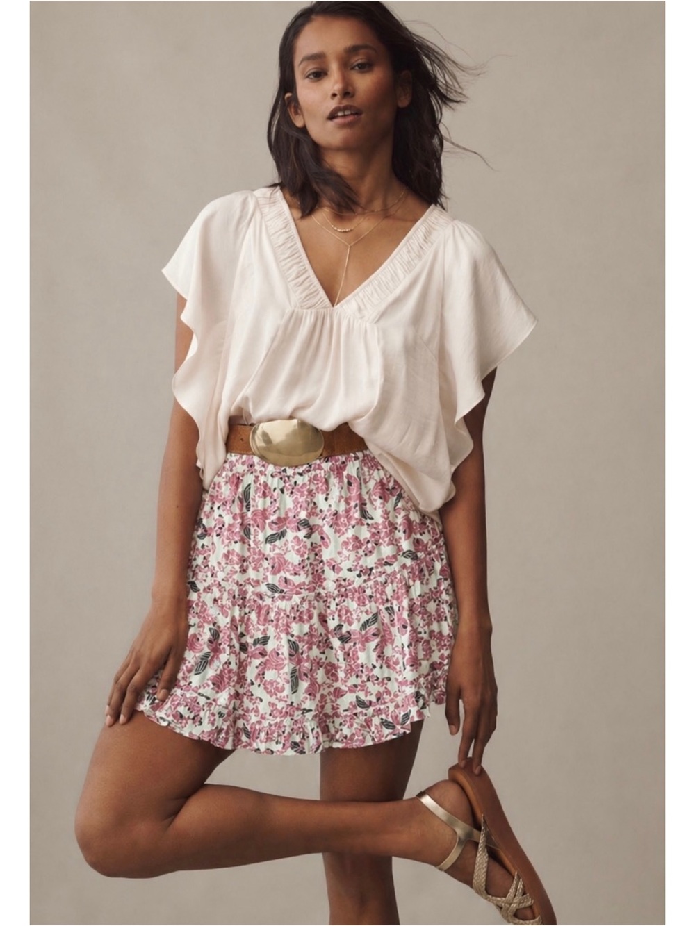 ANTHROPOLOGIE | NWT Bishop + Young Ruffle Mini Skirt in Pink Motif, Size Large